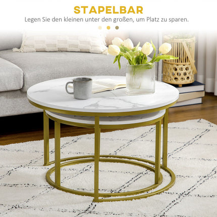 Runder Couchtisch in Marmoroptik, 2er-Set, Stahl in Gold