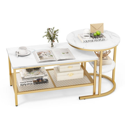 2er Set Couchtisch Beistelltisch Marmoroptik mit Metallgestell und Ablage in Gold und Weiß