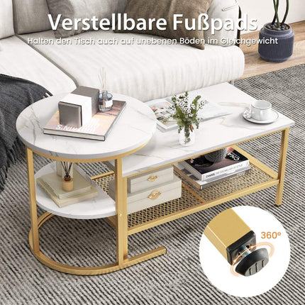 2er Set Couchtisch Beistelltisch Marmoroptik mit Metallgestell und Ablage in Gold und Weiß
