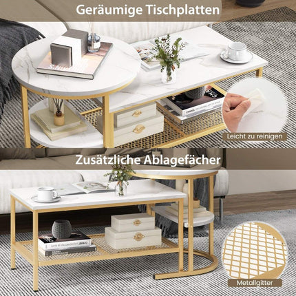 2er Set Couchtisch Beistelltisch Marmoroptik mit Metallgestell und Ablage in Gold und Weiß