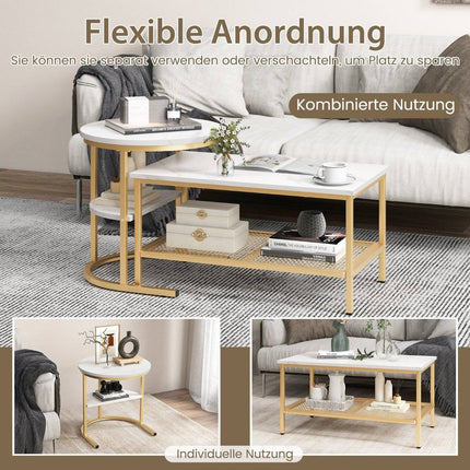 2er Set Couchtisch Beistelltisch Marmoroptik mit Metallgestell und Ablage in Gold und Weiß