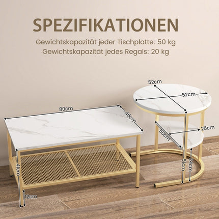 2er Set Couchtisch Beistelltisch Marmoroptik mit Metallgestell und Ablage in Gold und Weiß