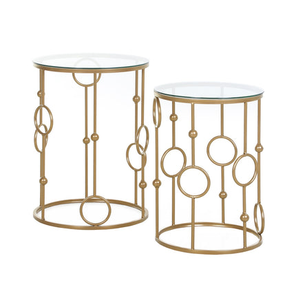 2er-Set Couchtische, Beistelltische mit Glasplatten, Wohnzimmertische mit Hoop-and-Ball-Design, Ø41 x 57 cm, Gold