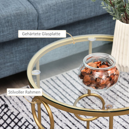 2er-Set Couchtische, Beistelltische mit Glasplatten, Wohnzimmertische mit Hoop-and-Ball-Design, Ø41 x 57 cm, Gold