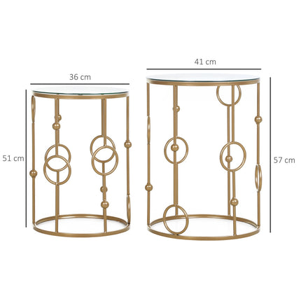 2er-Set Couchtische, Beistelltische mit Glasplatten, Wohnzimmertische mit Hoop-and-Ball-Design, Ø41 x 57 cm, Gold