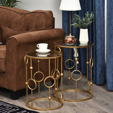 2er-Set Couchtische, Beistelltische mit Glasplatten, Wohnzimmertische mit Hoop-and-Ball-Design, Ø41 x 57 cm, Gold