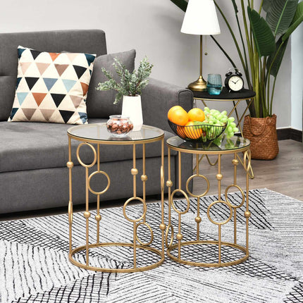 2er-Set Couchtische, Beistelltische mit Glasplatten, Wohnzimmertische mit Hoop-and-Ball-Design, Ø41 x 57 cm, Gold