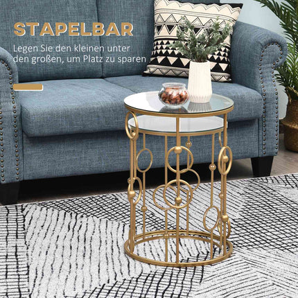 2er-Set Couchtische, Beistelltische mit Glasplatten, Wohnzimmertische mit Hoop-and-Ball-Design, Ø41 x 57 cm, Gold