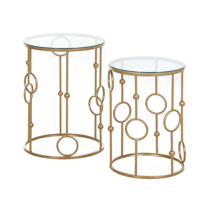 2er-Set Couchtische, Beistelltische mit Glasplatten, Wohnzimmertische mit Hoop-and-Ball-Design, Ø41 x 57 cm, Gold