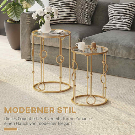 2er-Set Couchtische, Beistelltische mit Glasplatten, Wohnzimmertische mit Hoop-and-Ball-Design, Ø41 x 57 cm, Gold
