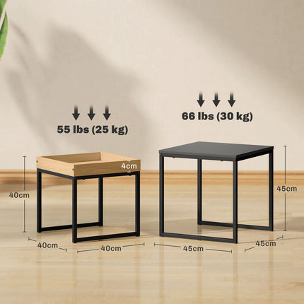 Quadratische Couchtische, Stahlgestell, Schwarz und Eiche, 2er-Set