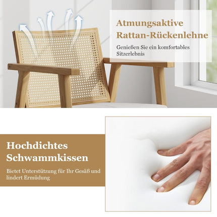 2er-Set Esszimmerstühle mit atmungsaktiver Rattan-Rückenlehne und abnehmbarem Sitzkissen