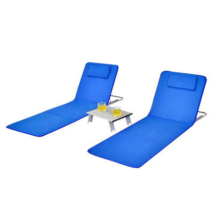 2er Set faltbare Strandmatten mit 2 Liegestühlen und Beistelltisch 151 x 55,5 x 27-47 Blau