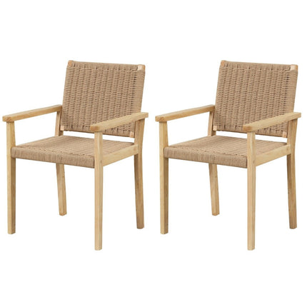 2er Set Gartenstühle Holz Esszimmerstühle mit Seilgeflecht &amp; Rückenlehne &amp; Armlehne Natur