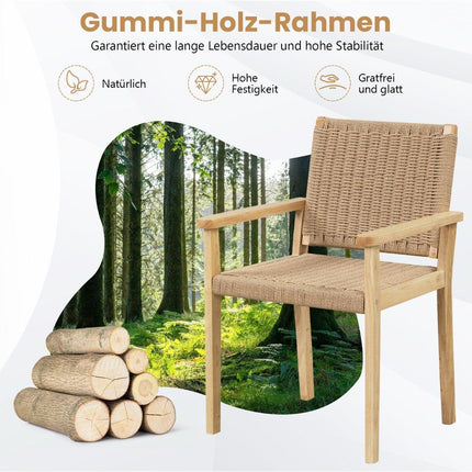2er Set Gartenstühle Holz Esszimmerstühle mit Seilgeflecht &amp; Rückenlehne &amp; Armlehne Natur