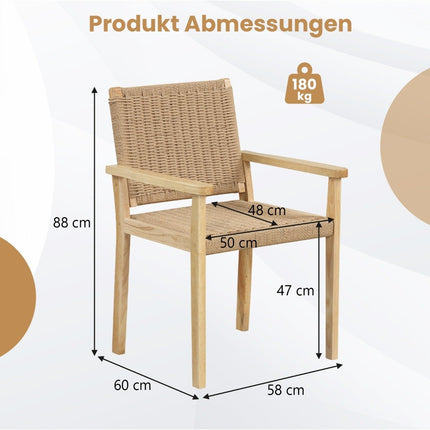 2er Set Gartenstühle Holz Esszimmerstühle mit Seilgeflecht &amp; Rückenlehne &amp; Armlehne Natur