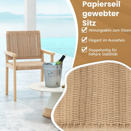 2er Set Gartenstühle Holz Esszimmerstühle mit Seilgeflecht &amp; Rückenlehne &amp; Armlehne Natur