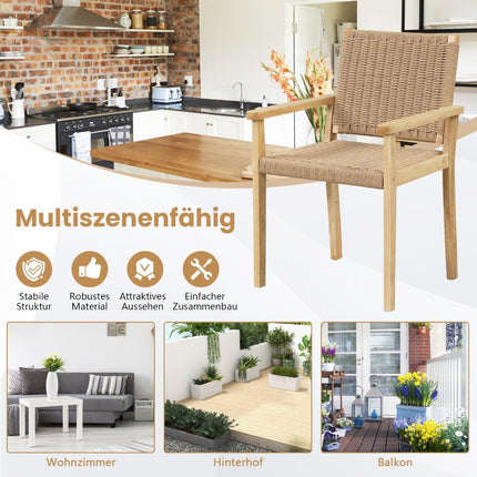2er Set Gartenstühle Holz Esszimmerstühle mit Seilgeflecht &amp; Rückenlehne &amp; Armlehne Natur