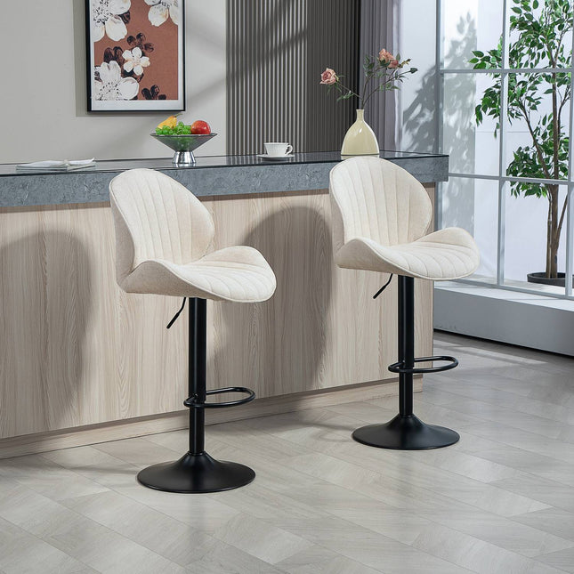 Set van 2 schelpvormige barkrukken met verstelbare rugleuning en voetensteun, stalen frame, beige
