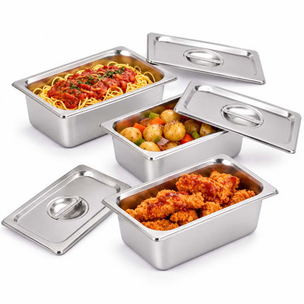 Set of 3 GN 1/4 Gastronorm Trays with Lids, 10 cm Deep, Stainless Steel