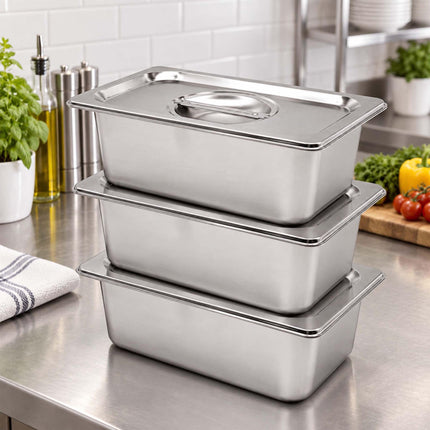 Set of 3 GN 1/4 Gastronorm Trays with Lids, 10 cm Deep, Stainless Steel