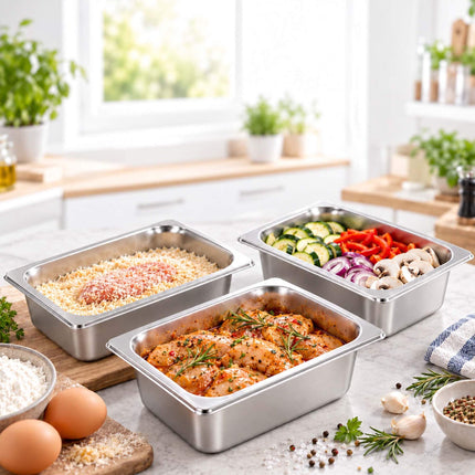 Set of 3 GN 1/4 Gastronorm Trays with Lids, 20 cm Deep, Stainless Steel