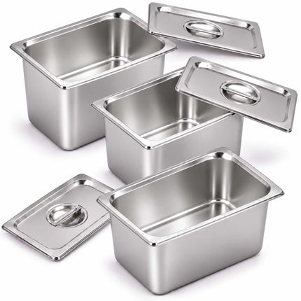 Set of 3 GN 1/4 Gastronorm Trays with Lids, 20 cm Deep, Stainless Steel