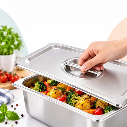 Set of 3 GN 1/4 Gastronorm Trays with Lids, 6.5 cm Deep, Stainless Steel