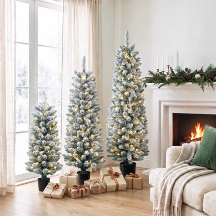 Set of 3 Snow-Flocked LED Christmas Trees 90/120/150 cm, Slim, 8 Light Modes