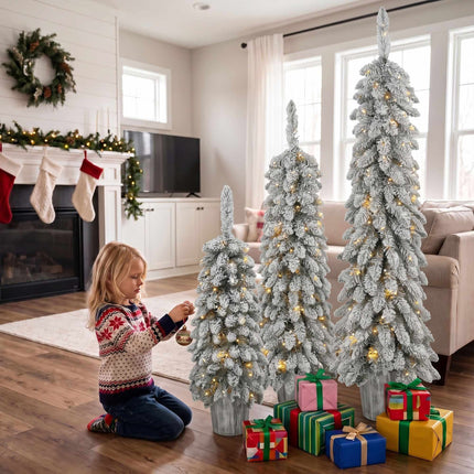 Set of 3 Snow-Flocked Pre-Lit Pencil Christmas Trees, 90/120/150 cm, Silver Pots