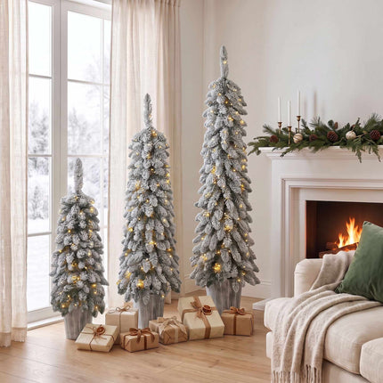 Set of 3 Snow-Flocked Pre-Lit Pencil Christmas Trees, 90/120/150 cm, Silver Pots