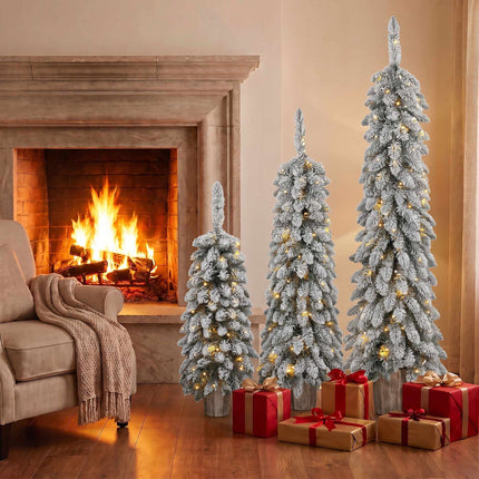 Set of 3 Snow-Flocked Pre-Lit Pencil Christmas Trees, 90/120/150 cm, Silver Pots
