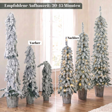 Set of 3 Snow-Flocked Pre-Lit Pencil Christmas Trees, 90/120/150 cm, Silver Pots