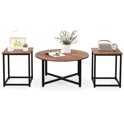 3er-Set Couchtische mit robustem Metallgestell, runder Couchtisch und 2 quadratische Beistelltische, braun