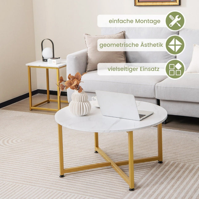 3er-Set Couchtische mit robustem Metallgestell, runder Couchtisch und 2 quadratische Beistelltische, weiß