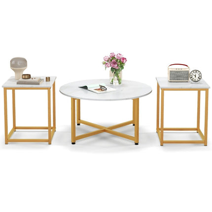 3er-Set Couchtische mit robustem Metallgestell, runder Couchtisch und 2 quadratische Beistelltische, weiß