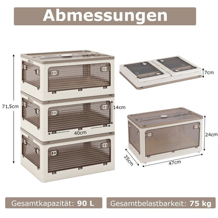 3er Set Aufbewahrungsboxen mit Deckel auf Rädern Faltbare Stapelboxen von 5 Seiten zugänglich 90 Liter