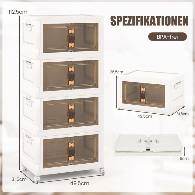 Set mit 4 stapelbaren Aufbewahrungsboxen mit Deckel, Rädern und Türen, 49,5 x 31,5 x 112,5 cm