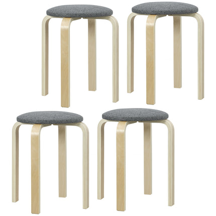 4er-Set stapelbare Polsterhocker, lackierte Oberfläche, Holzbeine, grau