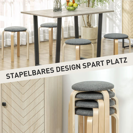 4er-Set stapelbare Polsterhocker, lackierte Oberfläche, Holzbeine, grau