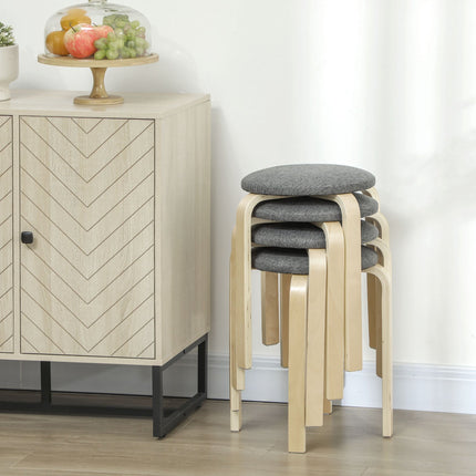 4er-Set stapelbare Polsterhocker, lackierte Oberfläche, Holzbeine, grau