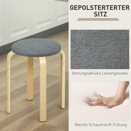 4er-Set stapelbare Polsterhocker, lackierte Oberfläche, Holzbeine, grau