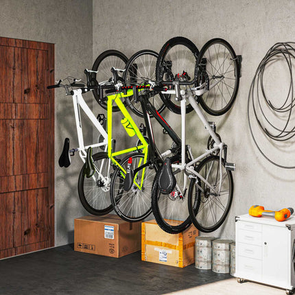Lot de 4 supports muraux verticaux pour vélos avec capacité de charge de 30 kg, support mural pliable pour 4 vélos, support de vélo pour vélos de course, suspension de vélo électrique VTT pour garage, noir Aosom