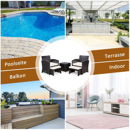 5er Set Rattangarnitur Balkongarnitur Gartenmöbel Sitzgruppe Braun + Weiß