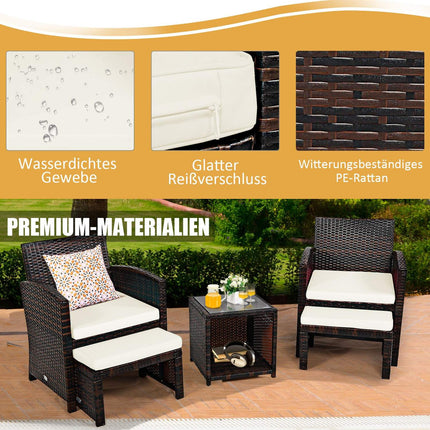 5er Set Rattangarnitur Balkongarnitur Gartenmöbel Sitzgruppe Braun + Weiß