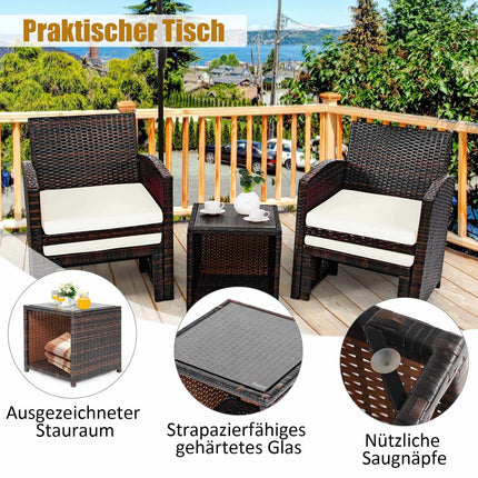 5er Set Rattangarnitur Balkongarnitur Gartenmöbel Sitzgruppe Braun + Weiß