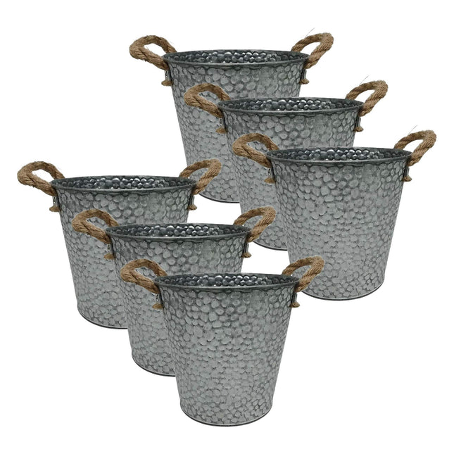 Set aus 6 Pflanzgefäßen im Vintage-Stil aus Metall mit Jutegriffen
