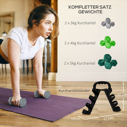 Hex dumbbell set with stand - 3, 4, 5 kg weights for home gym