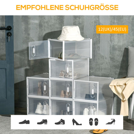 Lot de 8 boîtes à chaussures, organiseur à chaussures avec portes magnétiques, boîte à chaussures avec couvercle, rangement à chaussures en plastique, pour chaussures jusqu'à la pointure 45, transparent + blanc