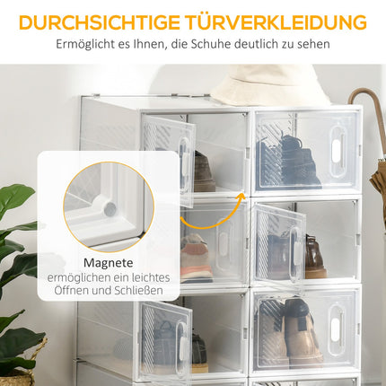 Lot de 8 boîtes à chaussures, organiseur à chaussures avec portes magnétiques, boîte à chaussures avec couvercle, rangement à chaussures en plastique, pour chaussures jusqu'à la pointure 45, transparent + blanc